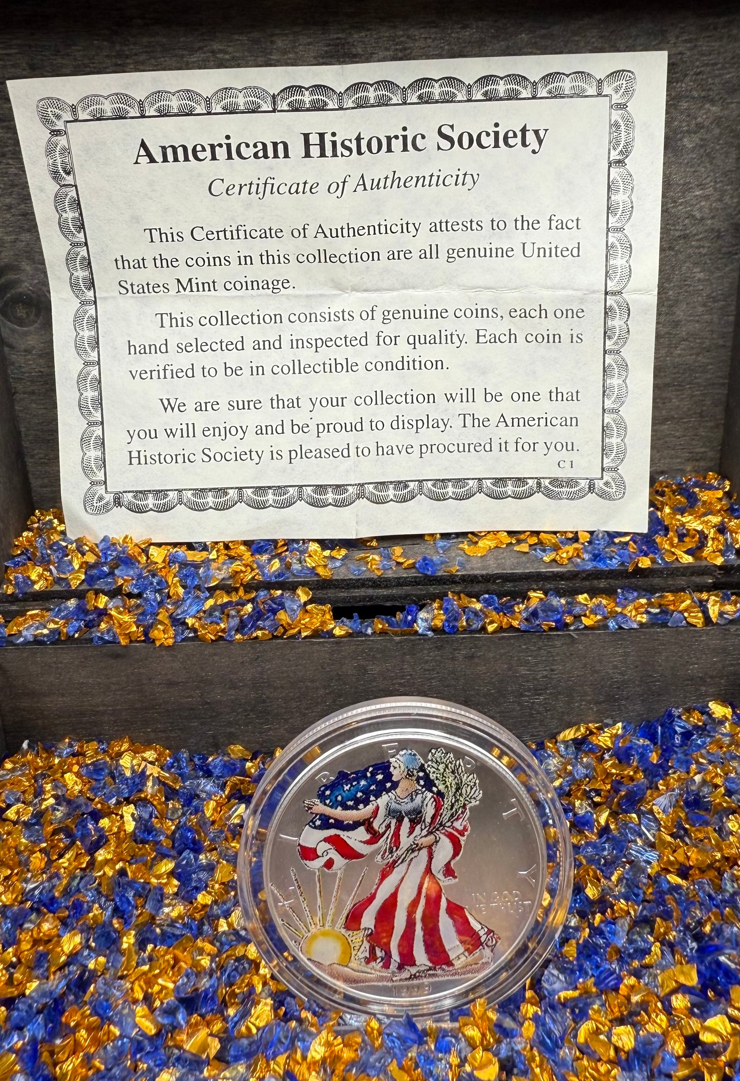 Colorized Hand Painted 1999 $1 American Silver Eagle Coin Brilliant Uncirculated Excellent Condition Satin Finish Includes New Capsule, COA, Coin Box & Wooden Treasure Box