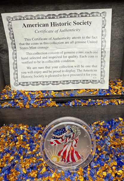 Colorized Hand Painted 1999 $1 American Silver Eagle Coin Brilliant Uncirculated Excellent Condition Satin Finish Includes New Capsule, COA, Coin Box & Wooden Treasure Box