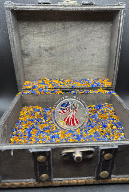 Colorized Hand Painted 1999 $1 American Silver Eagle Coin Brilliant Uncirculated Excellent Condition Satin Finish Includes New Capsule, COA, Coin Box & Wooden Treasure Box