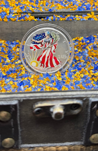 Colorized Hand Painted 1999 $1 American Silver Eagle Coin Brilliant Uncirculated Excellent Condition Satin Finish Includes New Capsule, COA, Coin Box & Wooden Treasure Box