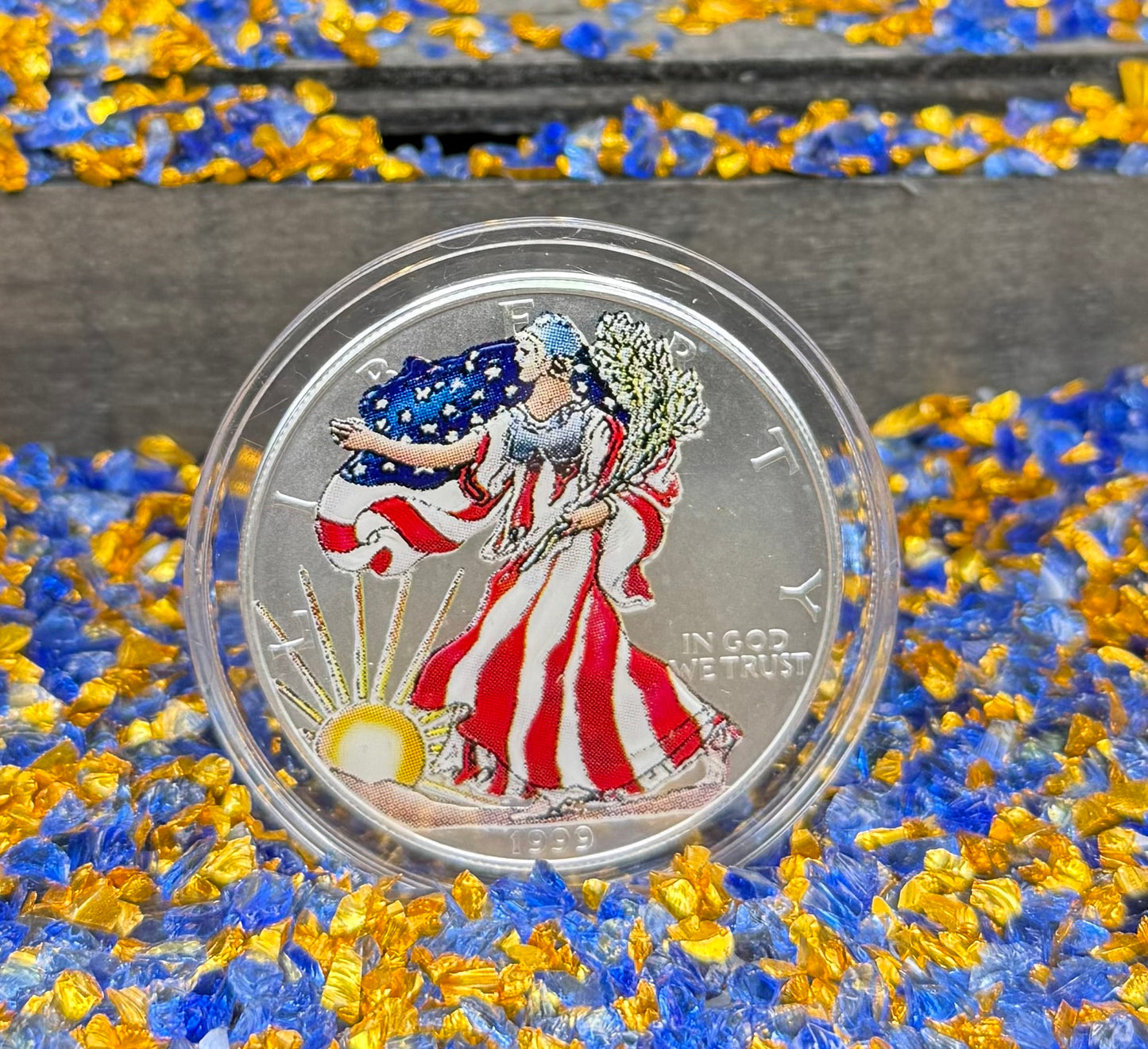 Colorized Hand Painted 1999 $1 American Silver Eagle Coin Brilliant Uncirculated Excellent Condition Satin Finish Includes New Capsule, COA, Coin Box & Wooden Treasure Box