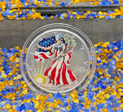 Colorized Hand Painted 1999 $1 American Silver Eagle Coin Brilliant Uncirculated Excellent Condition Satin Finish Includes New Capsule, COA, Coin Box & Wooden Treasure Box