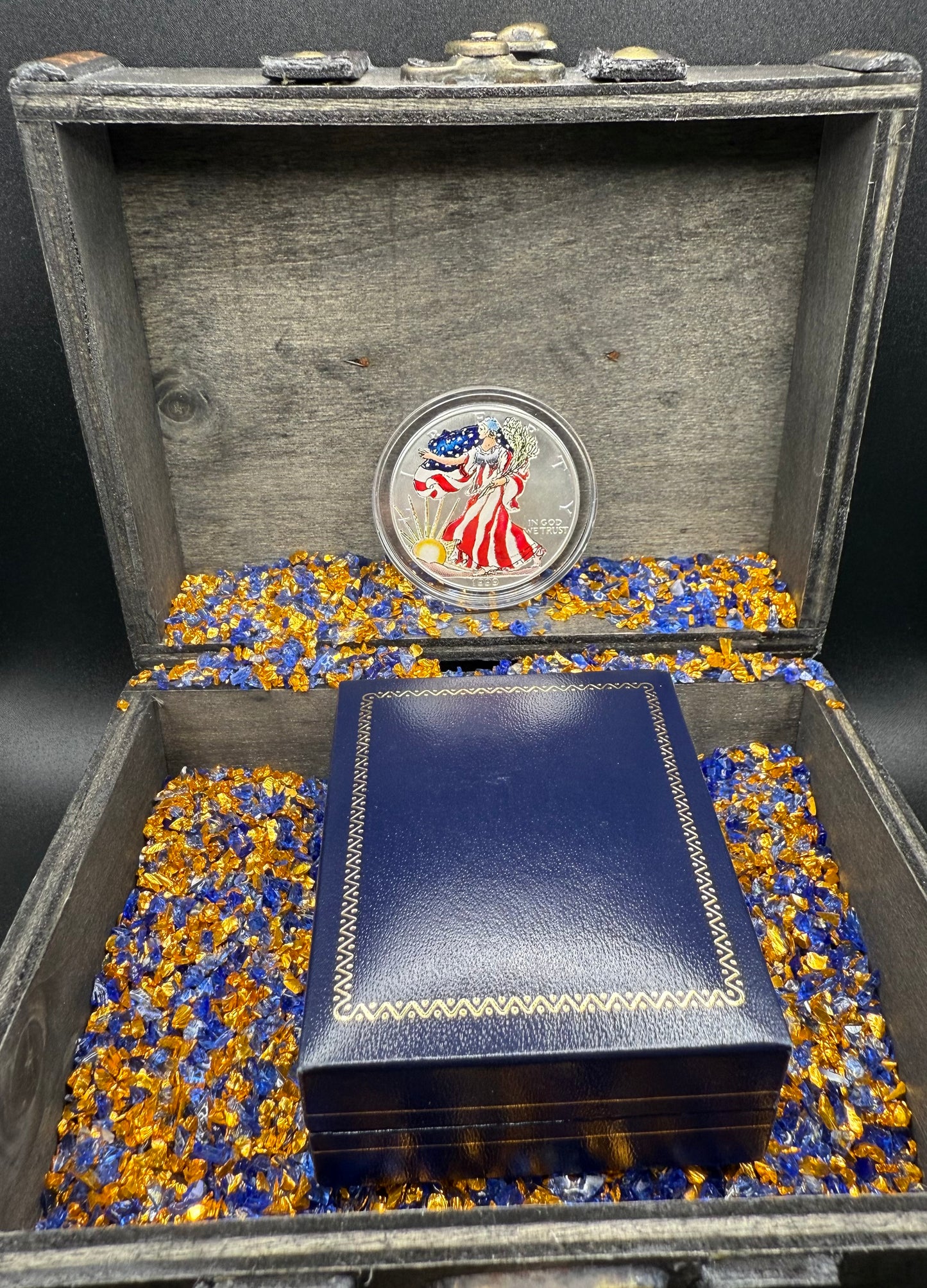 Colorized Hand Painted 1999 $1 American Silver Eagle Coin Brilliant Uncirculated Excellent Condition Satin Finish Includes New Capsule, COA, Coin Box & Wooden Treasure Box