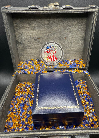 Colorized Hand Painted 1999 $1 American Silver Eagle Coin Brilliant Uncirculated Excellent Condition Satin Finish Includes New Capsule, COA, Coin Box & Wooden Treasure Box