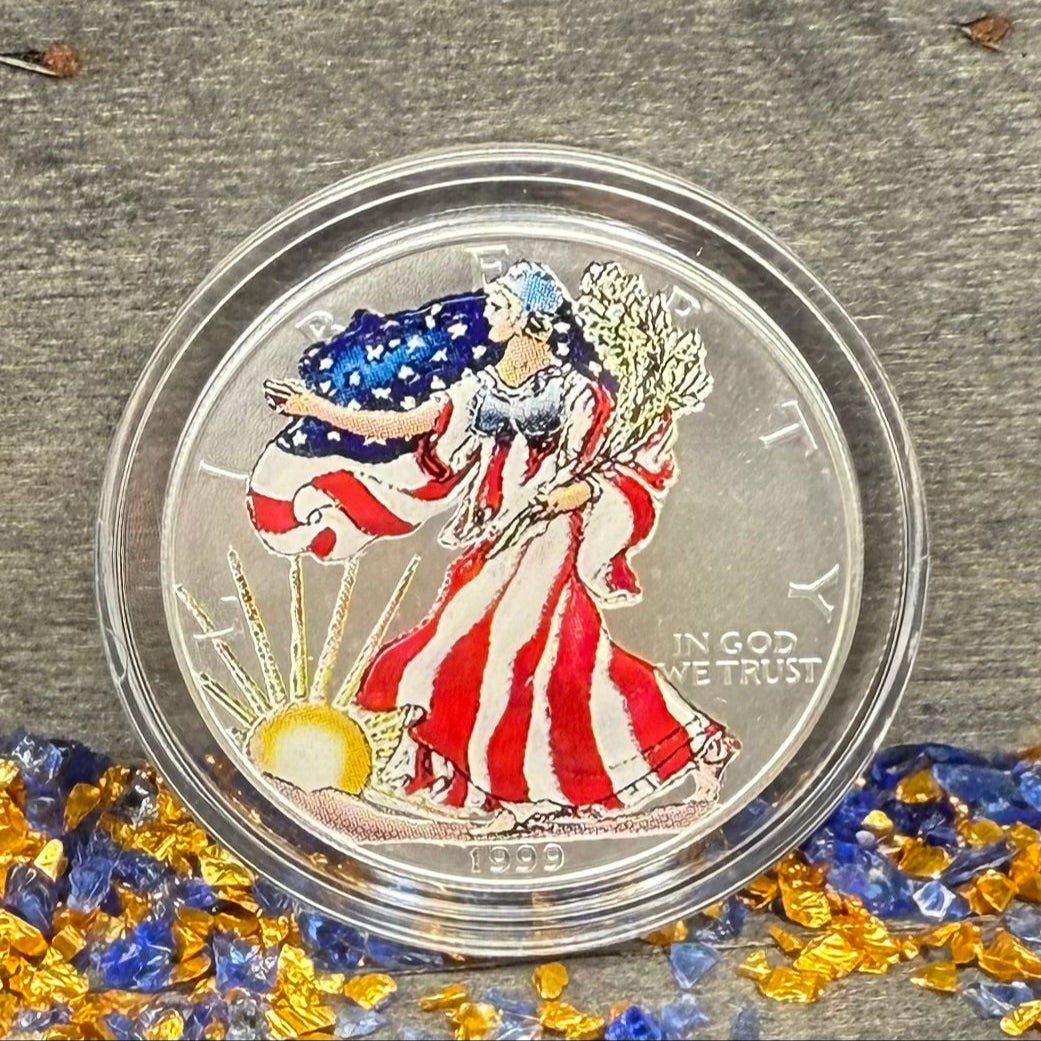 Colorized Hand Painted 1999 $1 American Silver Eagle Coin Brilliant Uncirculated Excellent Condition Satin Finish Includes New Capsule, COA, Coin Box & Wooden Treasure Box