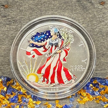 Colorized Hand Painted 1999 $1 American Silver Eagle Coin Brilliant Uncirculated Excellent Condition Satin Finish Includes New Capsule, COA, Coin Box & Wooden Treasure Box