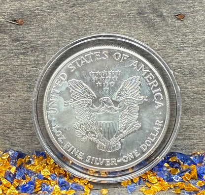 Colorized Hand Painted 1999 $1 American Silver Eagle Coin Brilliant Uncirculated Excellent Condition Satin Finish Includes New Capsule, COA, Coin Box & Wooden Treasure Box