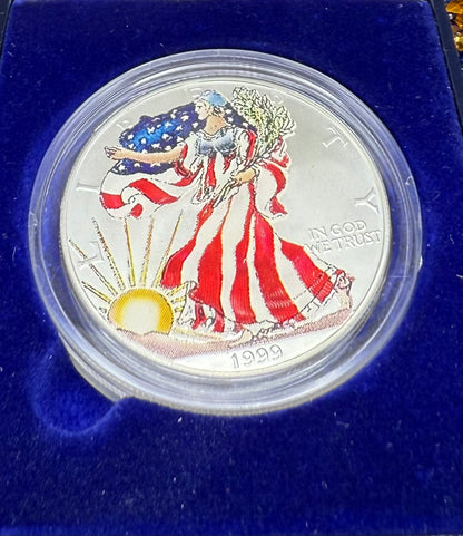 Colorized Hand Painted 1999 $1 American Silver Eagle Coin Brilliant Uncirculated Excellent Condition Satin Finish Includes New Capsule, COA, Coin Box & Wooden Treasure Box