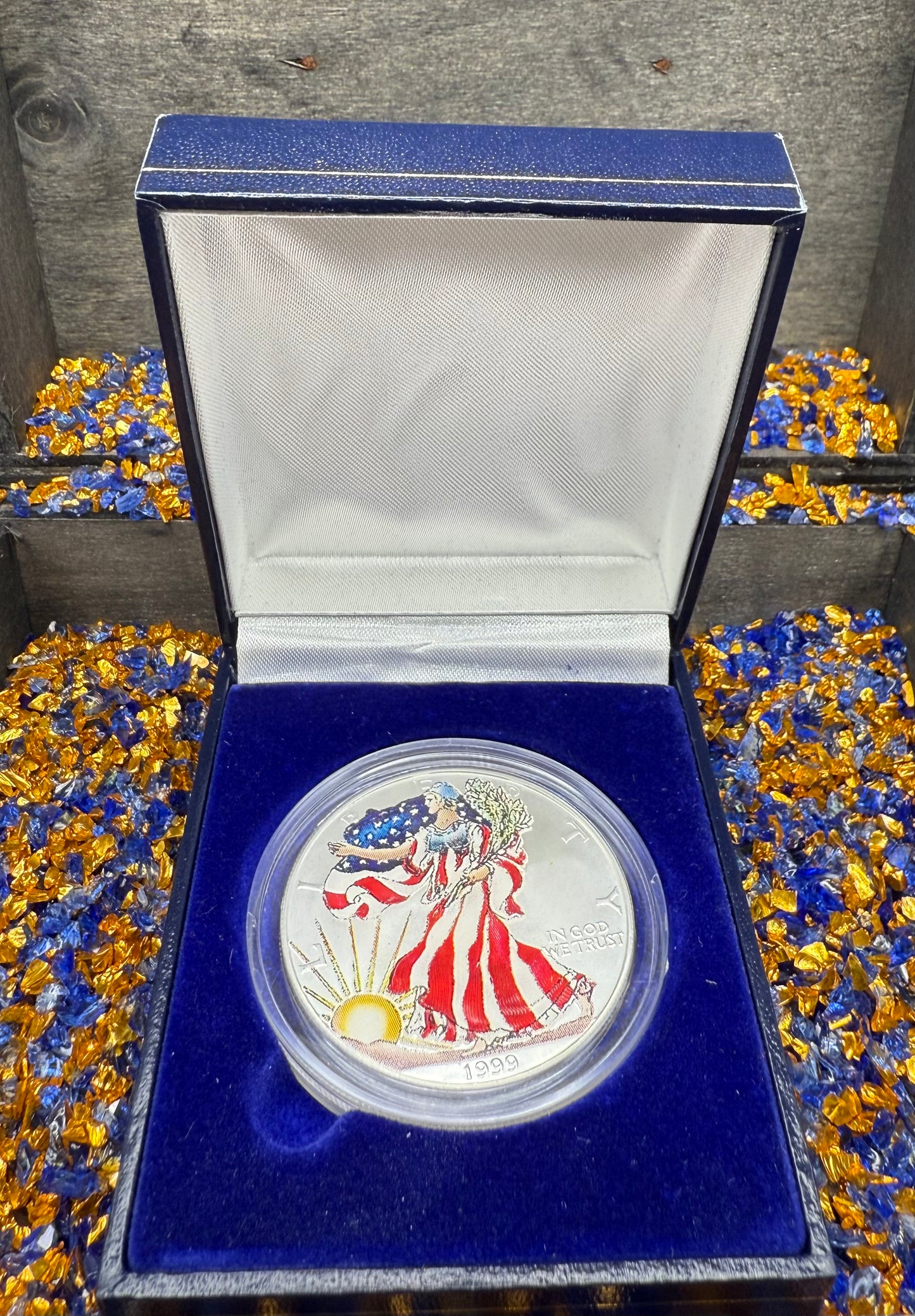 Colorized Hand Painted 1999 $1 American Silver Eagle Coin Brilliant Uncirculated Excellent Condition Satin Finish Includes New Capsule, COA, Coin Box & Wooden Treasure Box