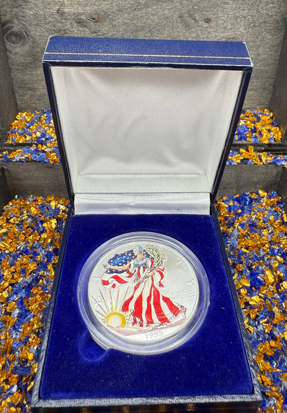Colorized Hand Painted 1999 $1 American Silver Eagle Coin Brilliant Uncirculated Excellent Condition Satin Finish Includes New Capsule, COA, Coin Box & Wooden Treasure Box