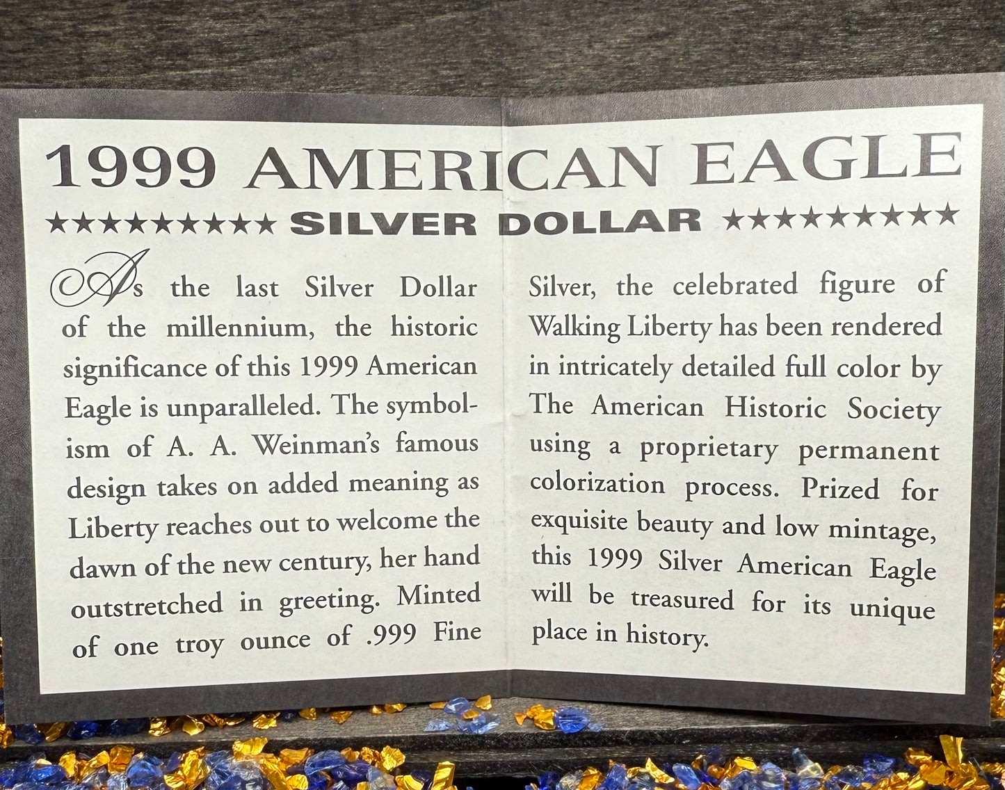 Colorized Hand Painted 1999 $1 American Silver Eagle Coin Brilliant Uncirculated Excellent Condition Satin Finish Includes New Capsule, COA, Coin Box & Wooden Treasure Box