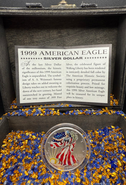 Colorized Hand Painted 1999 $1 American Silver Eagle Coin Brilliant Uncirculated Excellent Condition Satin Finish Includes New Capsule, COA, Coin Box & Wooden Treasure Box