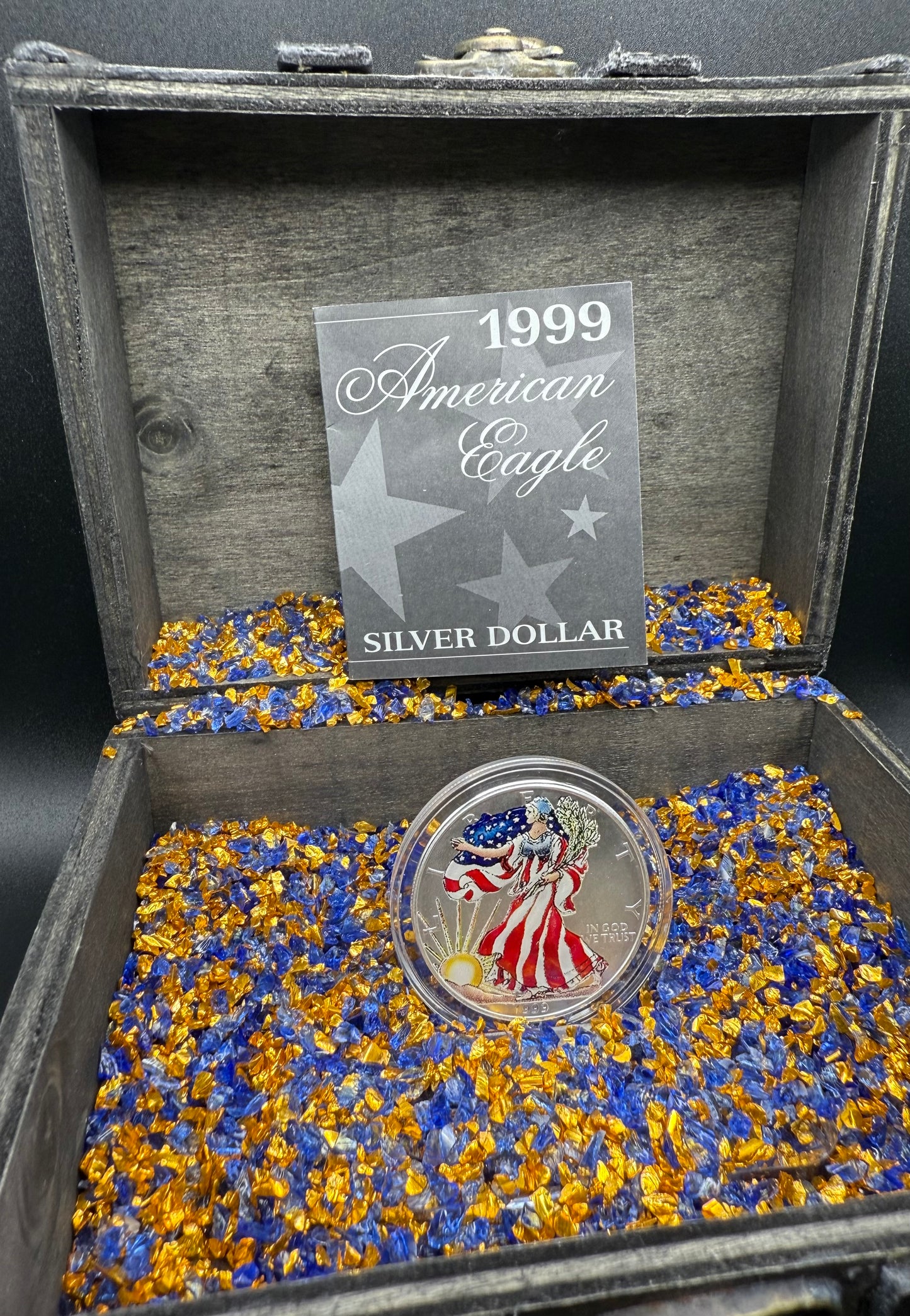 Colorized Hand Painted 1999 $1 American Silver Eagle Coin Brilliant Uncirculated Excellent Condition Satin Finish Includes New Capsule, COA, Coin Box & Wooden Treasure Box