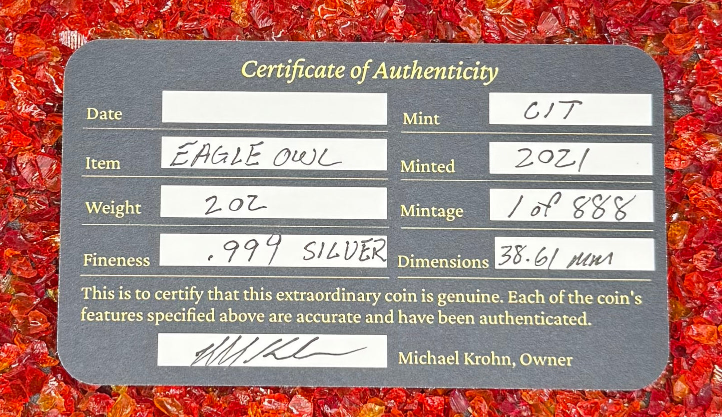 Proof 2021 $10 Palau Eagle Owl Hunters by Night 2 Ounce Silver .999 Obsidian Black Ultra High Relief Coin Rare 1 of 888 CIT Includes COA & Display Case