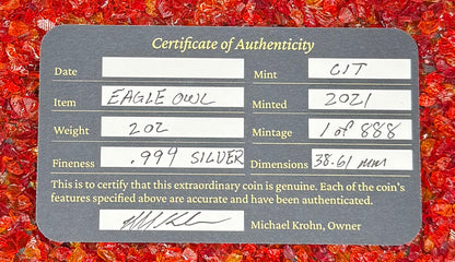 Proof 2021 $10 Palau Eagle Owl Hunters by Night 2 Ounce Silver .999 Obsidian Black Ultra High Relief Coin Rare 1 of 888 CIT Includes COA & Display Case