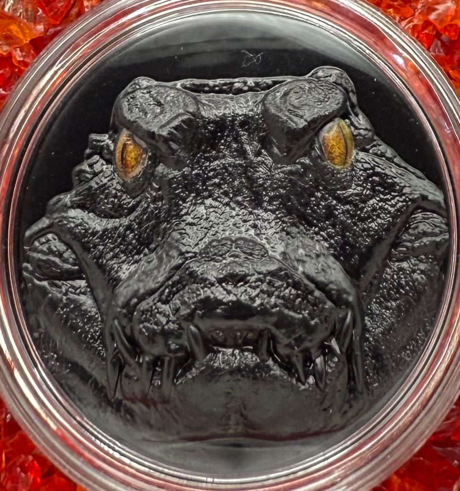 Proof 2023 $10 Palau Caiman Hunters by Night 2 Ounce Silver .999 Obsidian Black Ultra High Relief Coin Rare 1 of 888 CIT Includes COA & Display Case