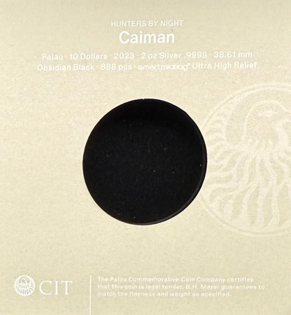 Proof 2023 $10 Palau Caiman Hunters by Night 2 Ounce Silver .999 Obsidian Black Ultra High Relief Coin Rare 1 of 888 CIT Includes COA & Display Case