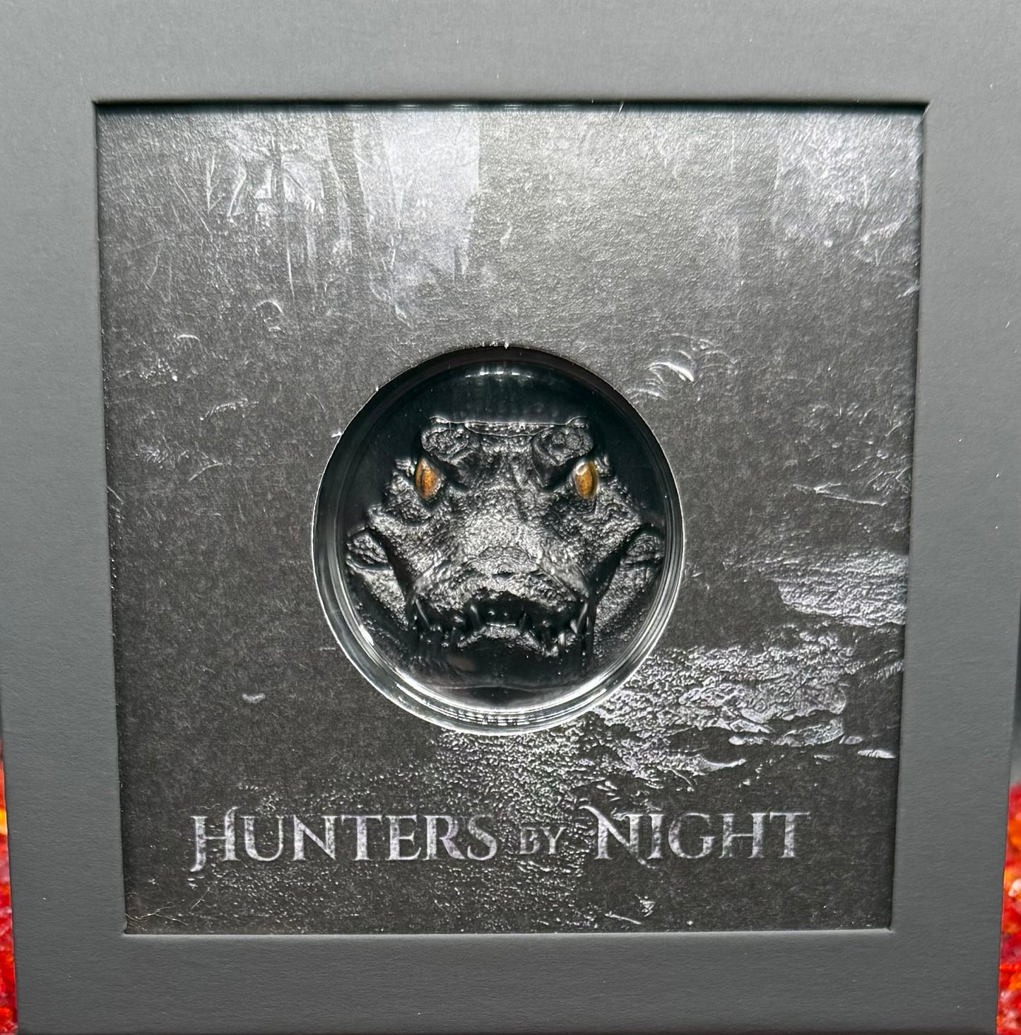Proof 2023 $10 Palau Caiman Hunters by Night 2 Ounce Silver .999 Obsidian Black Ultra High Relief Coin Rare 1 of 888 CIT Includes COA & Display Case
