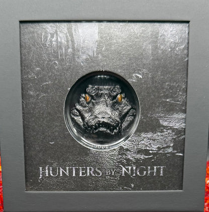 Proof 2023 $10 Palau Caiman Hunters by Night 2 Ounce Silver .999 Obsidian Black Ultra High Relief Coin Rare 1 of 888 CIT Includes COA & Display Case