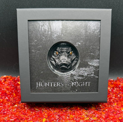 Proof 2023 $10 Palau Caiman Hunters by Night 2 Ounce Silver .999 Obsidian Black Ultra High Relief Coin Rare 1 of 888 CIT Includes COA & Display Case