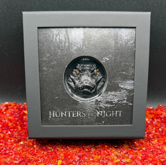 Proof 2023 $10 Palau Caiman Hunters by Night 2 Ounce Silver .999 Obsidian Black Ultra High Relief Coin Rare 1 of 888 CIT Includes COA & Display Case