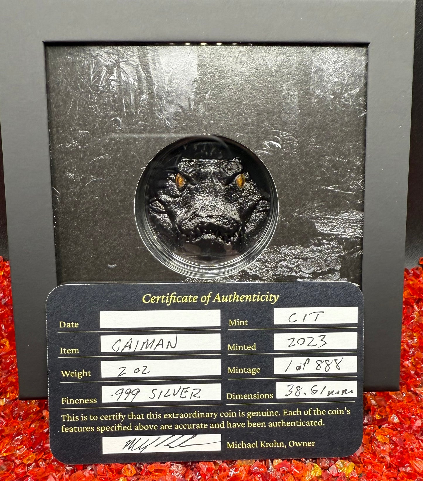 Proof 2023 $10 Palau Caiman Hunters by Night 2 Ounce Silver .999 Obsidian Black Ultra High Relief Coin Rare 1 of 888 CIT Includes COA & Display Case