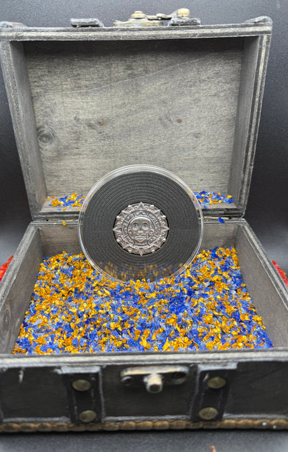 'Aztec Silver Doubloon' Pirate Treasure Hand Crafted by Peculiar Coins 1 Troy Ounce .999 Fine Silver Round Hand Crafted Double Sided Skull Antique Finish Includes Wood Treasure Chest, Capsule & COA Mint Condition