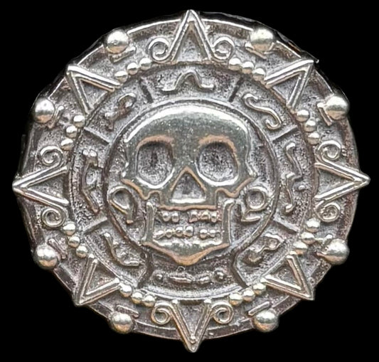 'Aztec Silver Doubloon' Pirate Treasure Hand Crafted by Peculiar Coins 1 Troy Ounce .999 Fine Silver Round Hand Crafted Double Sided Skull Antique Finish Includes Wood Treasure Chest, Capsule & COA Mint Condition
