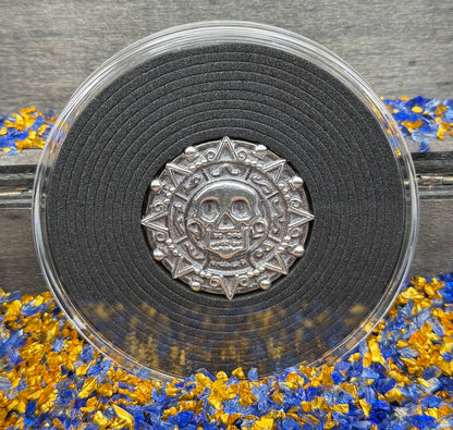 'Aztec Silver Doubloon' Pirate Treasure Hand Crafted by Peculiar Coins 1 Troy Ounce .999 Fine Silver Round Hand Crafted Double Sided Skull Antique Finish Includes Wood Treasure Chest, Capsule & COA Mint Condition
