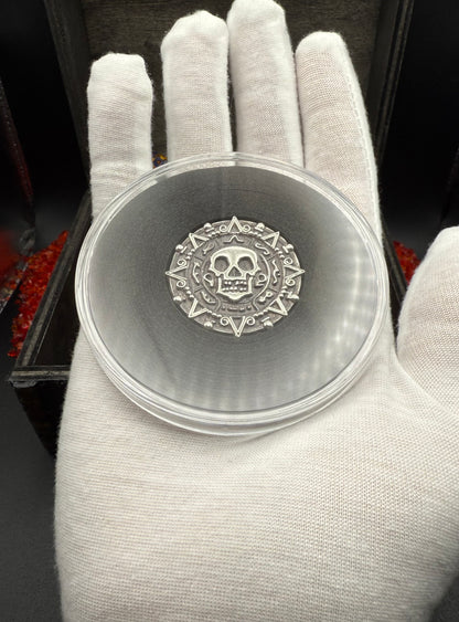 'Aztec Silver Doubloon' Pirate Treasure Hand Crafted by Peculiar Coins 1 Troy Ounce .999 Fine Silver Round Hand Crafted Double Sided Skull Antique Finish Includes Wood Treasure Chest, Capsule & COA Mint Condition
