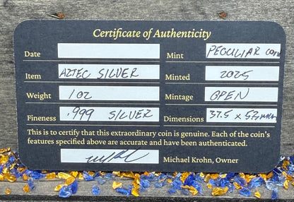 'Aztec Silver Doubloon' Pirate Treasure Hand Crafted by Peculiar Coins 1 Troy Ounce .999 Fine Silver Round Hand Crafted Double Sided Skull Antique Finish Includes Wood Treasure Chest, Capsule & COA Mint Condition