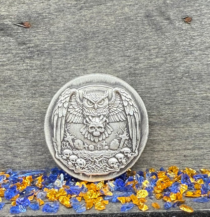 'Owl Amongst The Graves' Hand Crafted by Mutiny Metals 1 Troy Ounce .999 Fine Silver Round High Relief Antique Finish Includes Wood Treasure Chest, Capsule & COA. Limited Edition