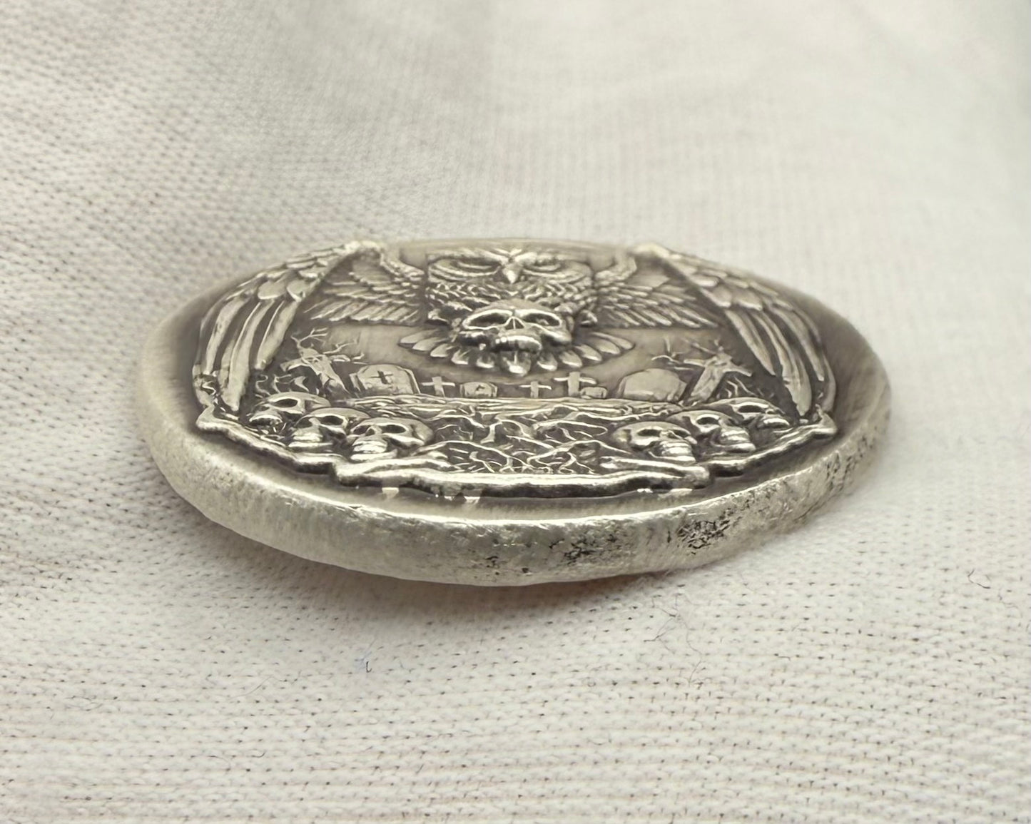 'Owl Amongst The Graves' Hand Crafted by Mutiny Metals 1 Troy Ounce .999 Fine Silver Round High Relief Antique Finish Includes Wood Treasure Chest, Capsule & COA. Limited Edition