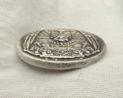 'Owl Amongst The Graves' Hand Crafted by Mutiny Metals 1 Troy Ounce .999 Fine Silver Round High Relief Antique Finish Includes Wood Treasure Chest, Capsule & COA. Limited Edition