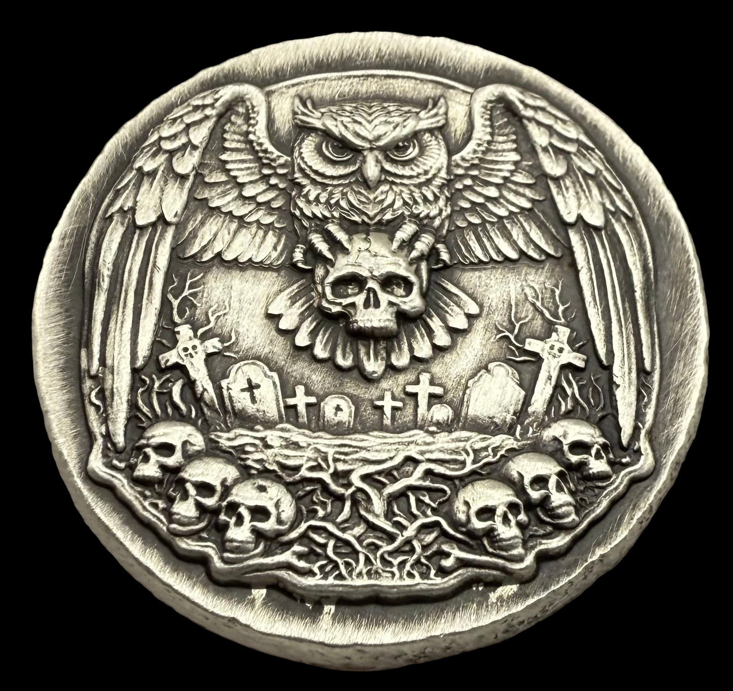 'Owl Amongst The Graves' Hand Crafted by Mutiny Metals 1 Troy Ounce .999 Fine Silver Round High Relief Antique Finish Includes Wood Treasure Chest, Capsule & COA. Limited Edition