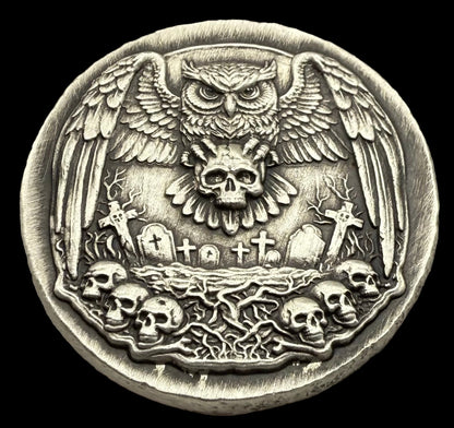 'Owl Amongst The Graves' Hand Crafted by Mutiny Metals 1 Troy Ounce .999 Fine Silver Round High Relief Antique Finish Includes Wood Treasure Chest, Capsule & COA. Limited Edition
