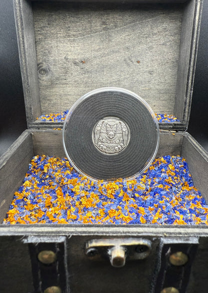 'Owl Amongst The Graves' Hand Crafted by Mutiny Metals 1 Troy Ounce .999 Fine Silver Round High Relief Antique Finish Includes Wood Treasure Chest, Capsule & COA. Limited Edition