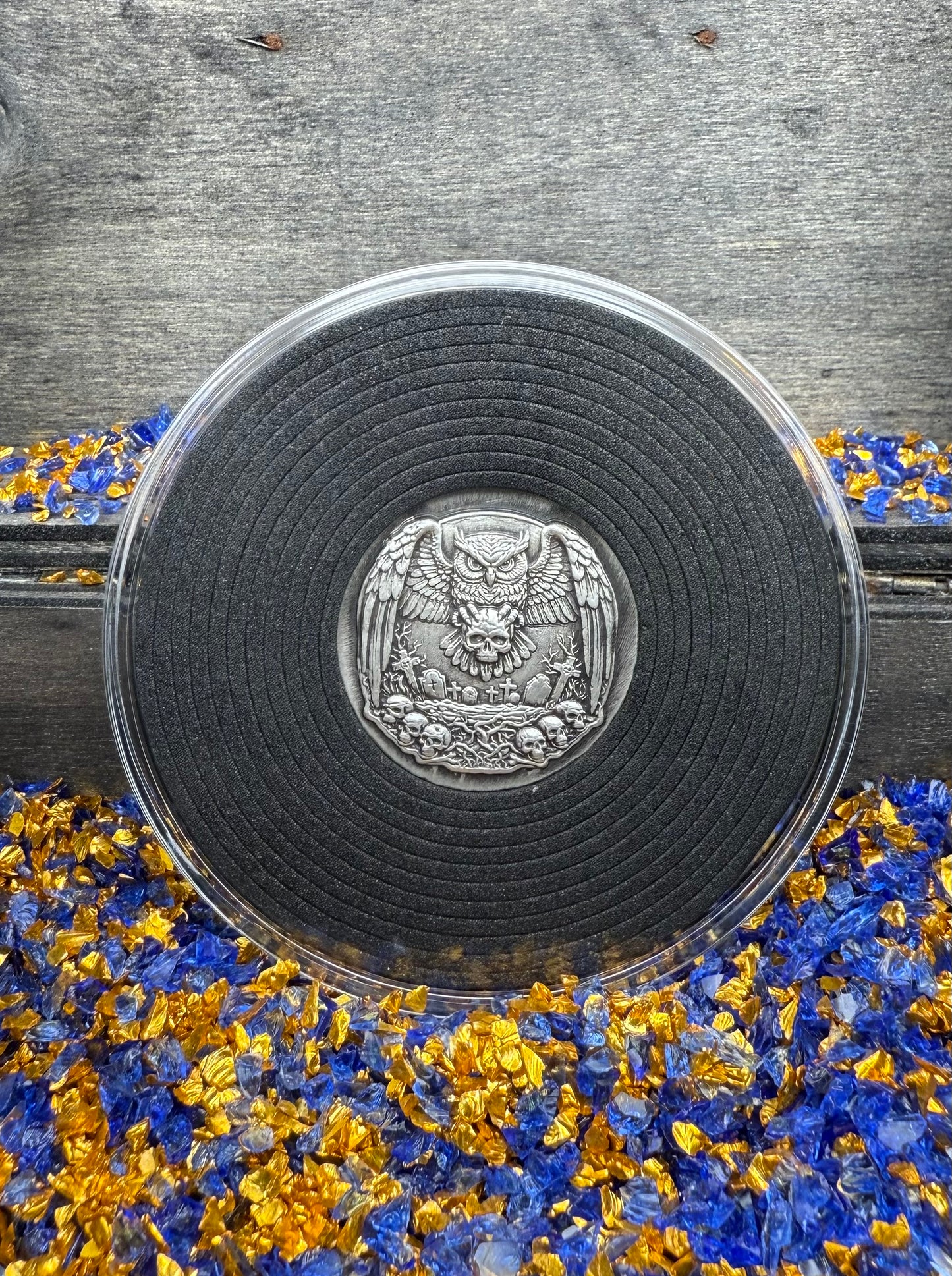 'Owl Amongst The Graves' Hand Crafted by Mutiny Metals 1 Troy Ounce .999 Fine Silver Round High Relief Antique Finish Includes Wood Treasure Chest, Capsule & COA. Limited Edition
