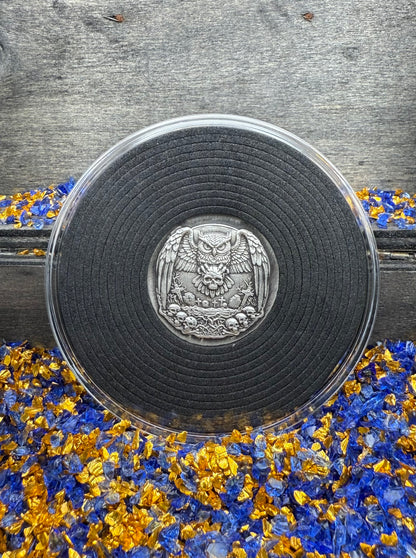 'Owl Amongst The Graves' Hand Crafted by Mutiny Metals 1 Troy Ounce .999 Fine Silver Round High Relief Antique Finish Includes Wood Treasure Chest, Capsule & COA. Limited Edition