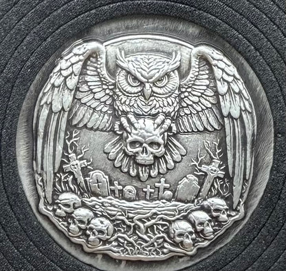 'Owl Amongst The Graves' Hand Crafted by Mutiny Metals 1 Troy Ounce .999 Fine Silver Round High Relief Antique Finish Includes Wood Treasure Chest, Capsule & COA. Limited Edition