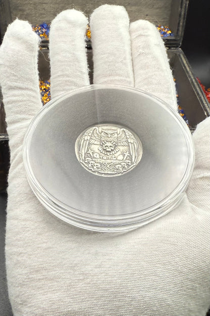 'Owl Amongst The Graves' Hand Crafted by Mutiny Metals 1 Troy Ounce .999 Fine Silver Round High Relief Antique Finish Includes Wood Treasure Chest, Capsule & COA. Limited Edition