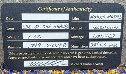 'Owl Amongst The Graves' Hand Crafted by Mutiny Metals 1 Troy Ounce .999 Fine Silver Round High Relief Antique Finish Includes Wood Treasure Chest, Capsule & COA. Limited Edition