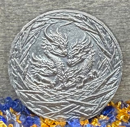 'Dragons Nest Fire Breathing Hatchlings' Hand Crafted by Drone Silver 27 Grams .999 Fine Silver Round Antique Finish Includes Wood Treasure Chest, Capsule & COA. Mint Condition (1 of 20)