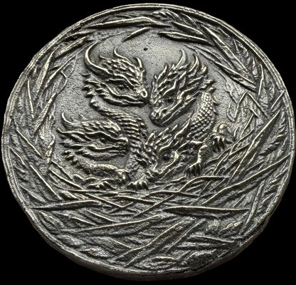 'Dragons Nest Fire Breathing Hatchlings' Hand Crafted by Drone Silver 27 Grams .999 Fine Silver Round Antique Finish Includes Wood Treasure Chest, Capsule & COA. Mint Condition (1 of 20)