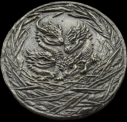 'Dragons Nest Fire Breathing Hatchlings' Hand Crafted by Drone Silver 27 Grams .999 Fine Silver Round Antique Finish Includes Wood Treasure Chest, Capsule & COA. Mint Condition (1 of 20)