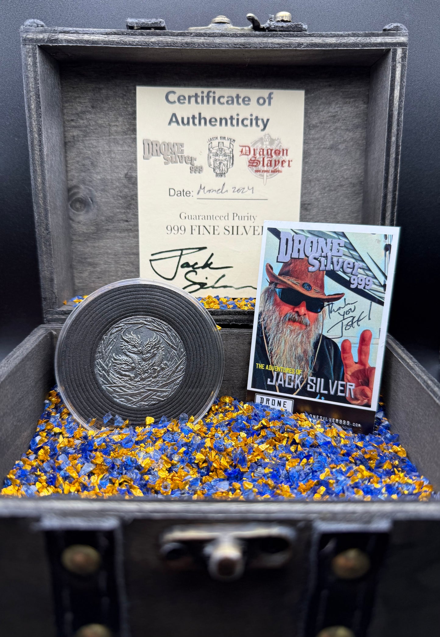 'Dragons Nest Fire Breathing Hatchlings' Hand Crafted by Drone Silver 27 Grams .999 Fine Silver Round Antique Finish Includes Wood Treasure Chest, Capsule & COA. Mint Condition (1 of 20)