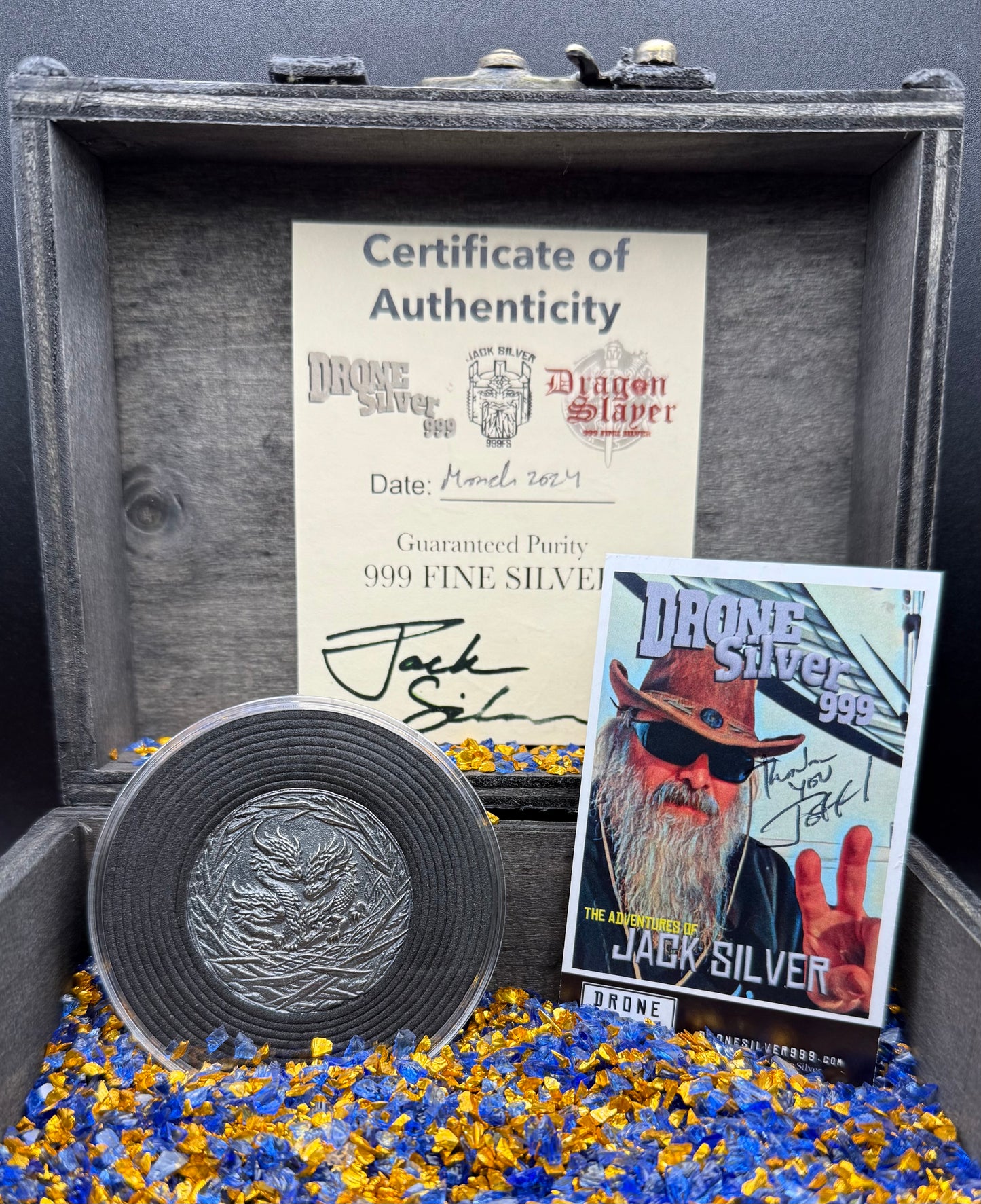 'Dragons Nest Fire Breathing Hatchlings' Hand Crafted by Drone Silver 27 Grams .999 Fine Silver Round Antique Finish Includes Wood Treasure Chest, Capsule & COA. Mint Condition (1 of 20)