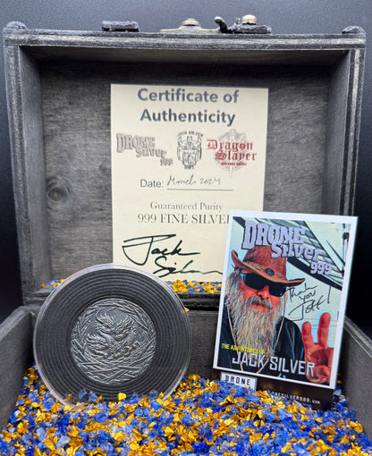 'Dragons Nest Fire Breathing Hatchlings' Hand Crafted by Drone Silver 27 Grams .999 Fine Silver Round Antique Finish Includes Wood Treasure Chest, Capsule & COA. Mint Condition (1 of 20)