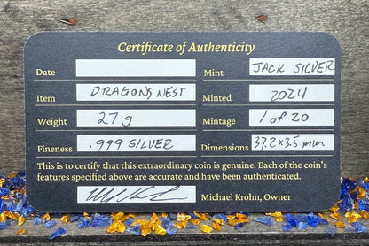 'Dragons Nest Fire Breathing Hatchlings' Hand Crafted by Drone Silver 27 Grams .999 Fine Silver Round Antique Finish Includes Wood Treasure Chest, Capsule & COA. Mint Condition (1 of 20)