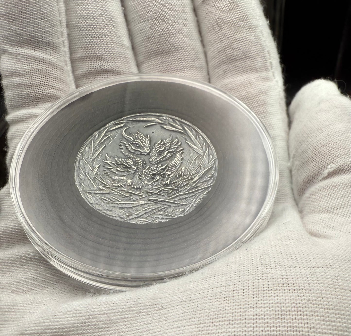 'Dragons Nest Fire Breathing Hatchlings' Hand Crafted by Drone Silver 27 Grams .999 Fine Silver Round Antique Finish Includes Wood Treasure Chest, Capsule & COA. Mint Condition (1 of 20)